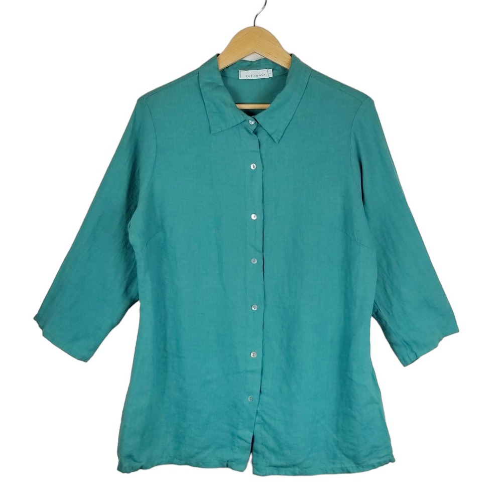 cut loose Women's 100% Linen Tunic Blouse Turquoise Blue Size L Large
